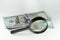 Money dollars and euros through a magnifier. On white background