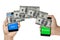 Money dollars transfer between mobiles or smartphone isolated on white. Contactless payment NFC