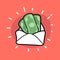 Money in envelope doodle icon. Finance wealth banking.