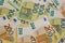 Money. Euro banknotes background.Finance and savings.Two hundred and one hundred euro banknotes.European Union currency