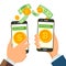 Money Exchange Banking Concept Vector. Human Hand Banner. Hand Holding Smartphone. Mobile Smart Phone And Hands. Dollar