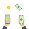 Money Exchange Banking Concept Vector. Human Hand Banner. Hand Holding Smartphone. Mobile Smart Phone And Hands. Dollar