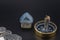 Money, Financial, Business and Family concept, Miniature figures man, woman and child stand on compass with mini house toy model