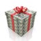 Money gift box with red ribbon on a white background