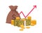 Money growth. Bag with cash and gold coins. Isolated bundles of banknotes. Deposits profit, financial income. Arrow of