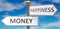 Money and happiness as different choices in life - pictured as words Money, happiness on road signs pointing at opposite ways to