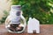 Money for housing. Wooden house model, Coins and banknote in glass jar with greenery background