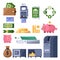 Money icons set. Finance, banking, investment and commerce symbol. ATM, terminal, dollars, piggy bank illustration.