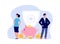 Money insurance. Bank managers, man woman and piggy bank with coins. Business safety, investment security illustration