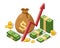 Money investment concept. Isometric growth graph, cash bag with gold coins and dollars banknotes. Invest, increase