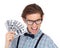 Money, nerd portrait and excited man with dollars in studio isolated on a white background. Geek, funny and male person