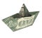 Money origami business or economics or banking concepts. One Dollar bill boat. Paper folded ship. 3D illustration