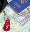 Money passport and villa keys. Travel concept. Things collected for travel