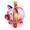 Money piggy bank glass pink and stack of golden coins inside