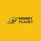 Money planet logo. Gold dollar coin in finance space.