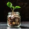 Money with plants sprout on top for education money savings, Personal financial planning for the future,AI generated