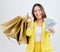 Money, portrait or happy woman with shopping bags on mockup space for a sale, credit offer or discount. Financial