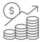 Money profit analytics thin line icon. Growth chart arrow, coins and dollar symbol, outline style pictogram on white