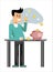 Money saving concept. Smart man putting golden coins into pink piggybank over white background.