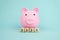 Money saving for future investment and retirement concept in 2021 year. Pink piggy bank with geometric wood blocks cube adt text