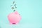 Money saving for future investment and retirement concept. concept theme with a pink piggy bank with falling coins