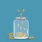 Money saving jar. Gold coins in bank. Vector.