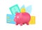 Money savings with golden coins in piggy bank and cash money dollar with credit card 3d icon