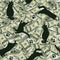 Money seamless pattern with lots dollar bills, black silhouettes of cat, cats footprints.100 US dollar banknotes