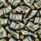 Money seamless pattern with one hundred US dollar bills, gold coins