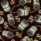 Money seamless pattern with rolls of 100 dollars bills, gold chains, dollar sign