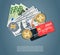 Money set with dollars euro bitcoins