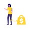 Money slavery concept. Business woman chained to money weight  with shackles.