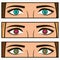 Money, social network icon - follow and sale signs in female eyes. Comic pop-art illustration with girl interests in her eye.