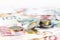 Money. Some euro coins on blurry banknotes. Economy concept for currency, business, home finance and inflation, copy space,