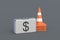 Money suitcase and heap of road cone