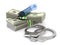 Money and syringe and handcuffs on white background. Isolated 3D illustration