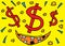 Money talks - a smiling mouth with rotten teeth and three eyes of the money sign sparkling