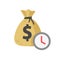 Money and time watch vector icon, flat cartoon cash sack with timer or stopwatch, idea of annual payment or order