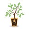 Money tree growing from a coin root. Green cash banknotes tree in ceramic pot. Modern flat style concept vector