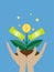 Money tree in hands vector icon on blue background. Money growing on tree. Money growth, making money, investment, profit,