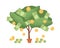 Money tree in pot with cash on branches. Plant with falling coins and banknotes. Concept of abundance, prosperity and