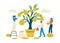 Money tree. Revenue growth concept. People take care of plant with gold coins on branches. Happy characters collecting