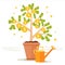 Money tree vector illustration. Dollar leaves and golden coin fr