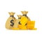 Money vector, big pile or stack of gold coins and cash in bags, lots of money isolated, idea of wealth, richness or