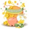 Money vector piggy bank pig box financial bank or money-box with investment savings and coins backdrop illustration