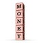 Money Word Sign. Vertical Stack of Rose Gold Metallic Toy Blocks