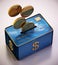 Moneybox with credit card and gold coins. 3D illustration