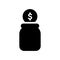 Moneybox with Falling Coin Silhouette Icon. Glass Jar for Collect Money Black Pictogram. Bottle for Save Cash Icon