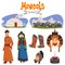 Mongol People in Traditional Clothing Collection, Central Asian Characters, Dwelling, Nomad, Asian Warriors Vector