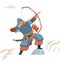 Mongol warrior archer with arrow and bow. Isolated vector flat illustration.